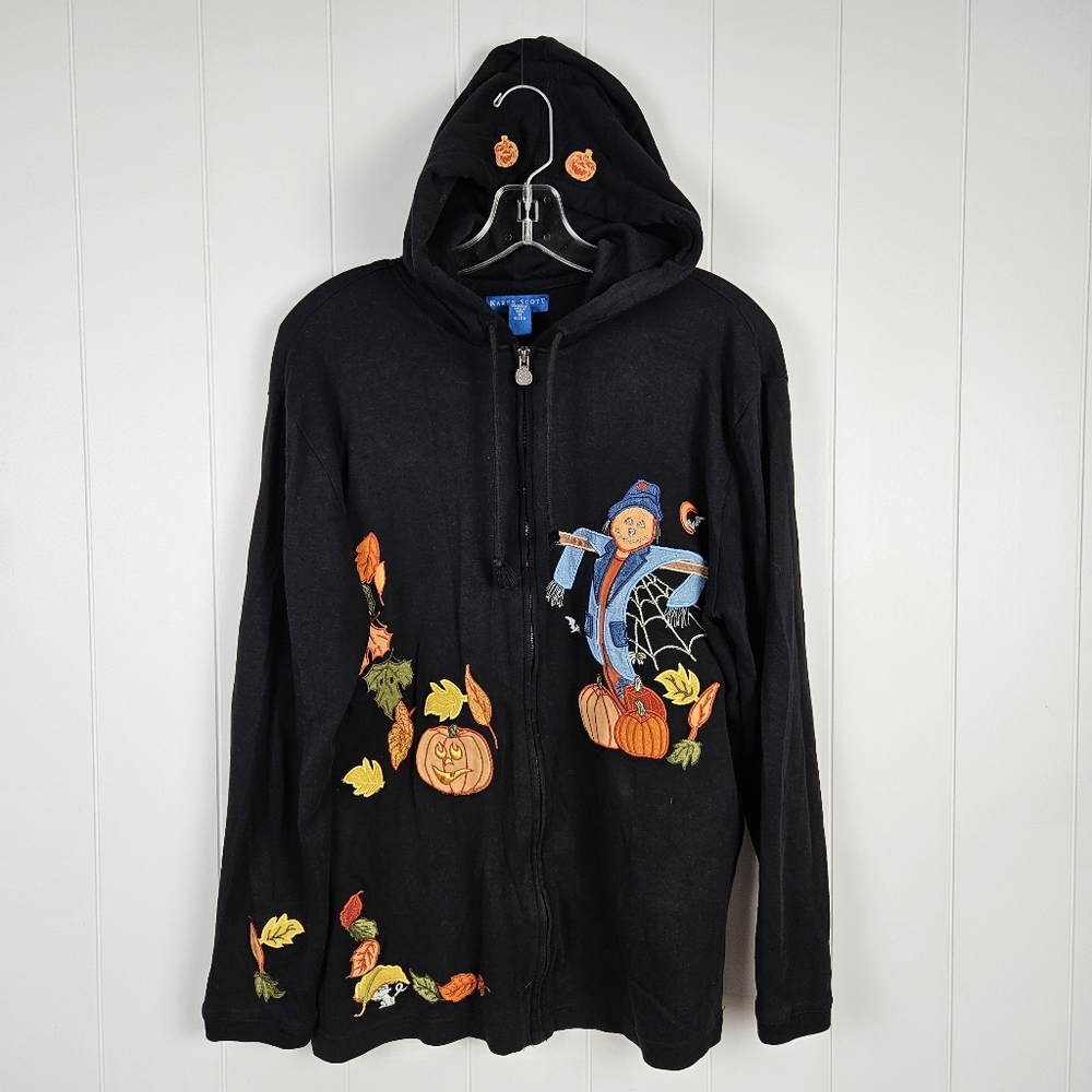 Karen Scott Embroidery Halloween Full Zip Up Hoodie Women Medium Fall Black